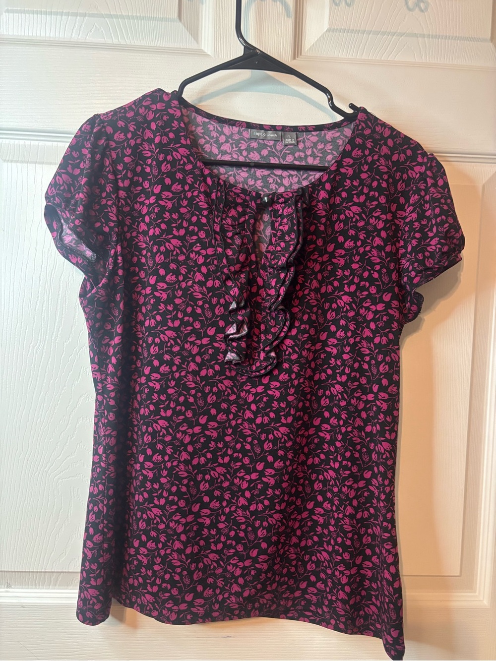 Apt. 9 Black Top with Pink Floral Ruffle Neck